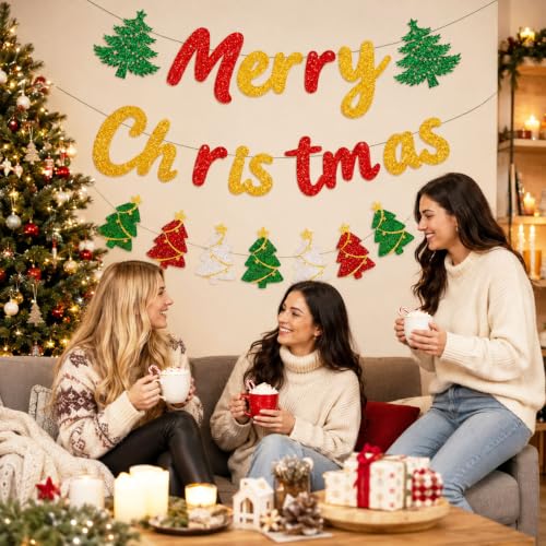 Merry Christmas Banner Set with Glitter Letter & Tree Garlands - DIY Xmas Decor