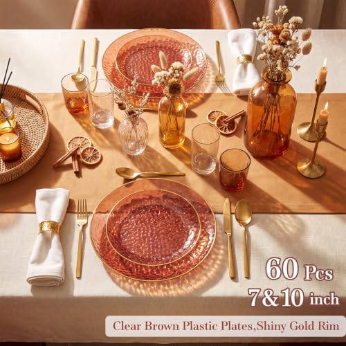Amber Plastic Plates Set - Clear Gold Rim, Heavy Duty Disposable Party Plates with Hammered Design - Clear Amber Gold Variation