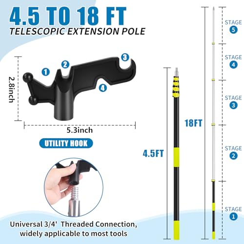UQM 18 Ft Telescopic Extension Pole with Hook for Christmas Lights and Decorations