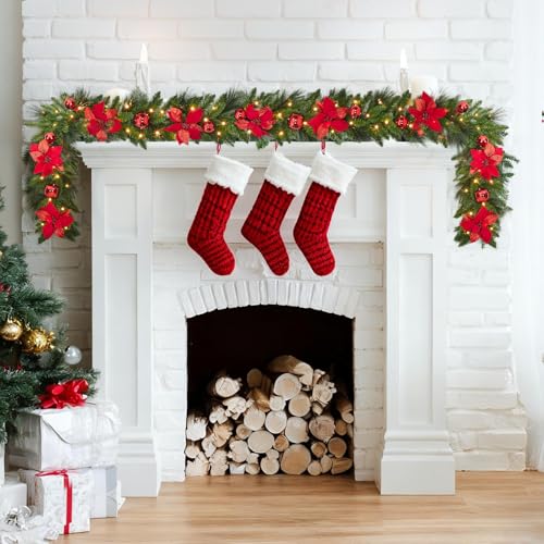 Garvee 9 ft Red Pre-Lit Christmas Garland with LED Lights - Indoor/Outdoor Cypress Leaves & Flower Accents