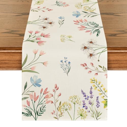Artoid Mode Flowers Daisy Tulip Spring Table Runner 13x72 inch beige