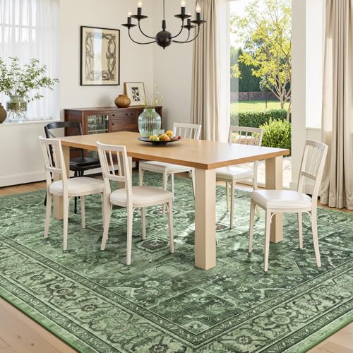 Sage Green 8x10 Area Rug for Living Room - Vintage Boho Carpet, Non-Slip