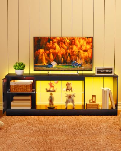 55-Inch Modern TV Stand with Power Outlets & Multi-Color LED Lights, Adjustable Glass Shelves, Black