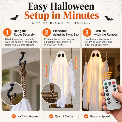 Halloween Outdoor Swinging Ghost with Lights - 5 FT Light Up Ghost Porch Decor with Remote String Lights - Halloween Yard & Entryway Decoration