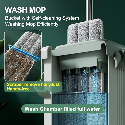 JOYMOOP Green Flat Mop System with 8 Microfiber Pads and Large Bucket Set