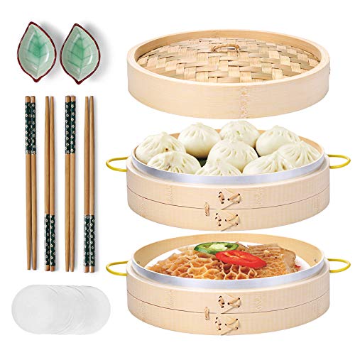 Bamboo Steamer Basket Set for Dim Sum Dumplings Vegetables - 10 Inch