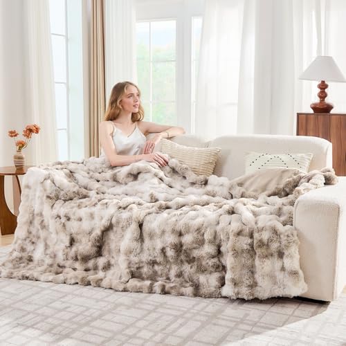 Jeyfull Fluffy Faux Rabbit Fur Throw Blanket King Size 108x90 Tie-Dyed Beige
