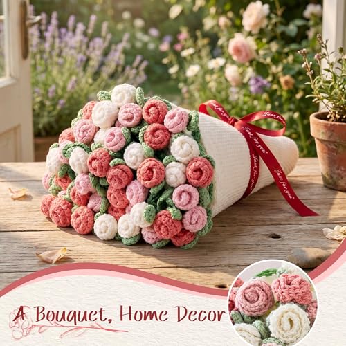 Mixed Pink & White Roses Crochet Flower Blanket - 43 Inch Throw with Bouquet Style Design