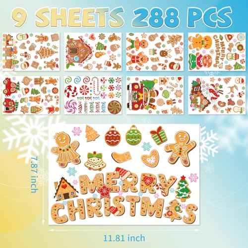 XZENTIRA 288 PCS Gingerbread Window Clings Christmas Party Decorations Gingerbread House Window Stickers for Home Window Glass Display Decorations Winter Window Stickers 9 Sheets