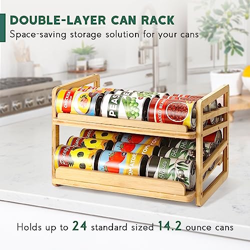 Stackable Bamboo Can Organizer Rack for 24 Cans with Automatic Filling - Kitchen Storage