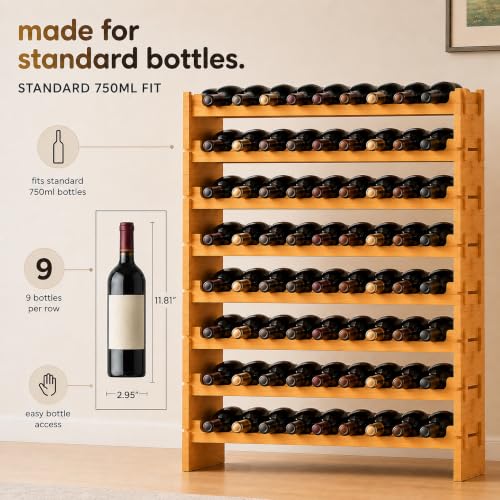 NutriChef 72 Bottle Wine Rack Stackable Bamboo Freestanding, 8-Tier