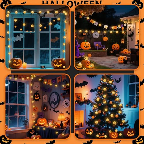 Halloween Decorations Ghost Lantern String Lights Plug in, 10 Pack Ghost Jack Skellington White Lantern Lights with Black Cord, Spooky Lights Outdoor for Halloween Spooky Mantel Decor