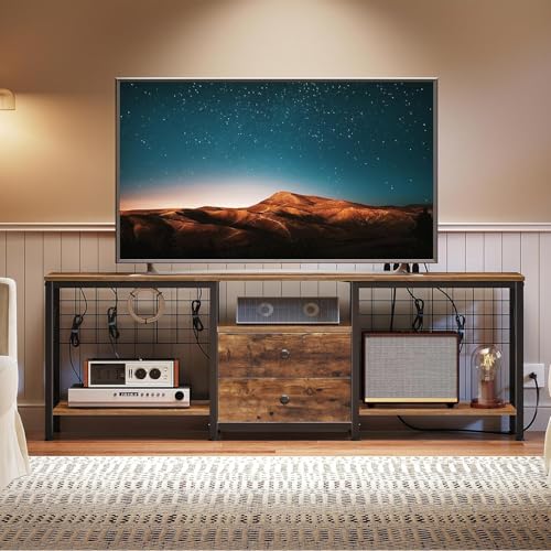YATINEY Rustic Brown 63" TV Stand with Power Outlet, Fabric Drawers & Open Shelves