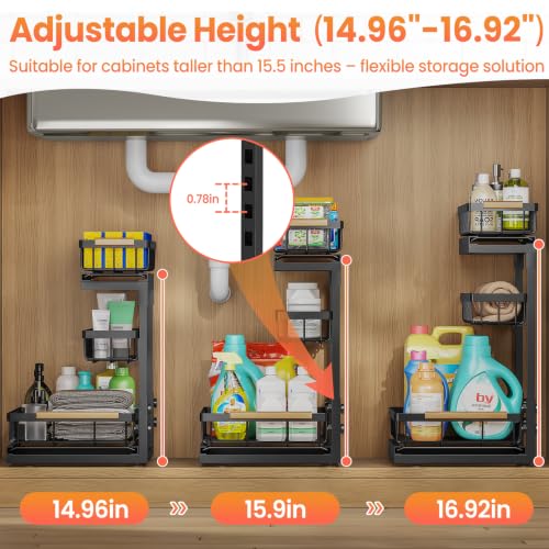Under Sink Organizer 2 Pack - 3 Tier Adjustable Bathroom & Kitchen Storage - Black