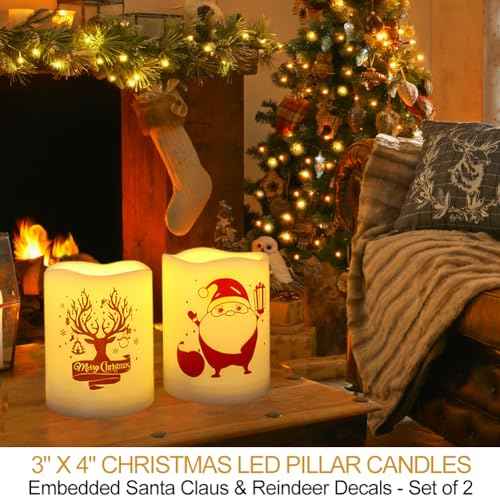 Set of 2 Wavy Edge Christmas 3x4 LED Pillar Candles Outdoor Waterproof - Ivory Pillar Candles Battery Powered with Timer Warm White Unscented Outdoor Flameless Candles Christmas Decorations