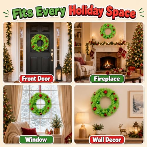 Enven Lime Green Christmas Wreath with Ornaments - Indoor Outdoor Holiday Decor