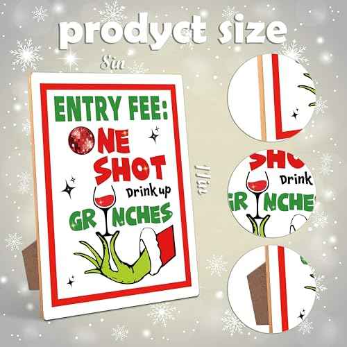 Entry Fee One Shot Table sign - Christmas Party, Drink up Grinches for Christmas Holiday Party Decorations, 8¡¿11 Wooden Play Sign with Stand
