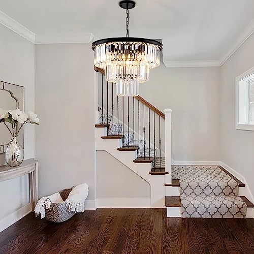 Black 20-Inch Modern Crystal Chandelier - 3-Tier Adjustable Pendant Light Fixture