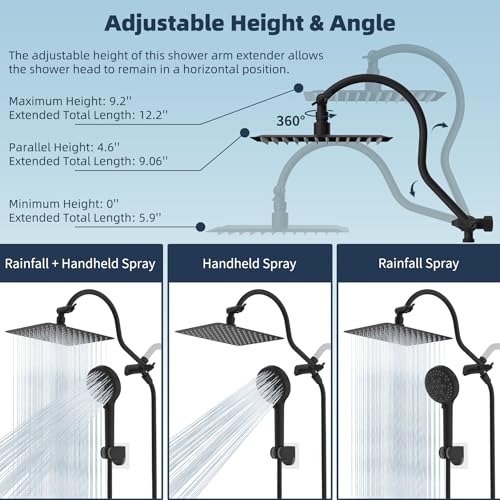 Hibbent 10-Inch Square Matte Black Rainfall Shower Head & Handheld Combo, cUPC Certified