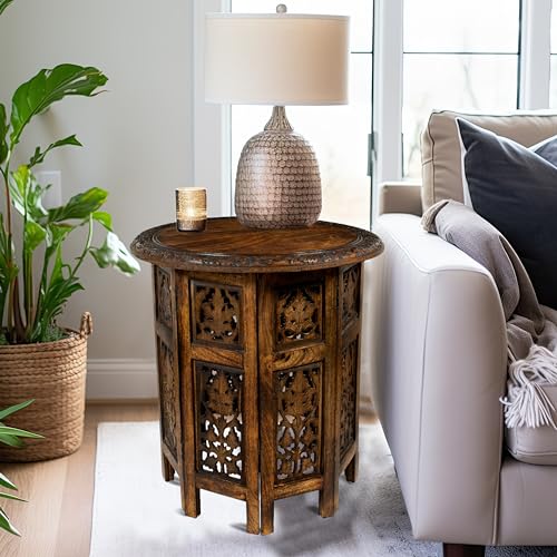Antique Brown 18-inch Hand-Carved Wooden End Table | Folding Accent Side Table
