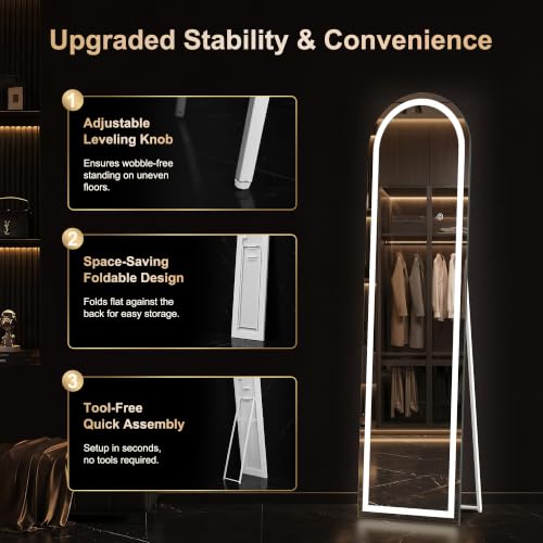 White Arched Full Length Mirror with Lights - 56x16 Dimmable LED Wall & Standing Vanity