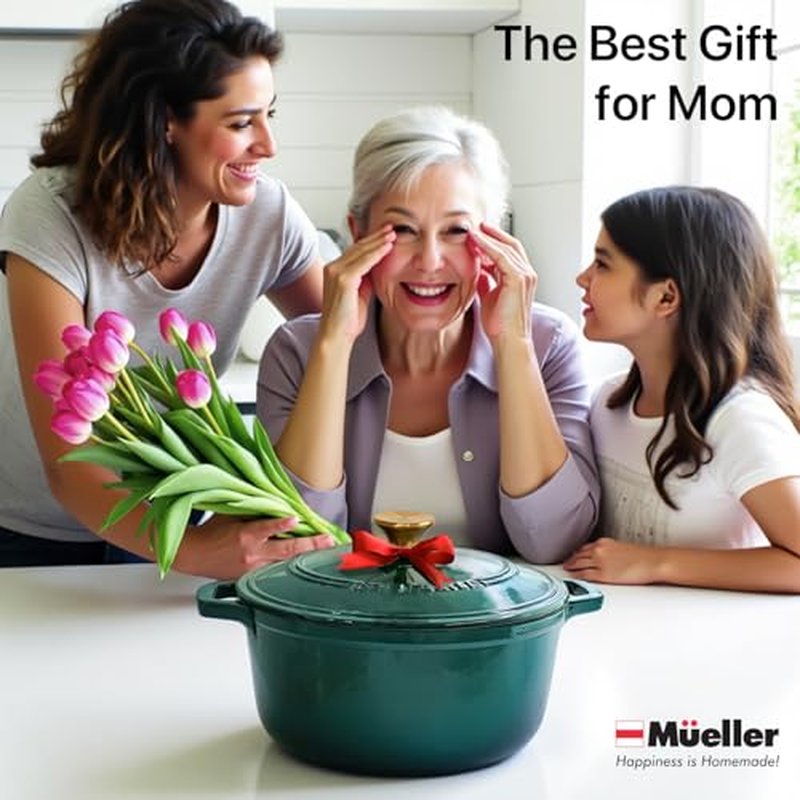 MUELLER HOME 5.5 Quart Enameled Cast Iron Oval Dutch Oven with Rooster Knob & Cotton Potholders, Heavy-Duty Cookware, Oven-Safe up to 500° F & Across All Cooktops, Gifts for Grandma & Women, White