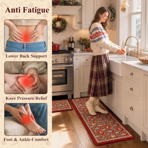 Collive Red Elk Christmas Kitchen Anti-Fatigue Mats Set 17.3 x 47" + 17.3 x 29", 0.47" Thick