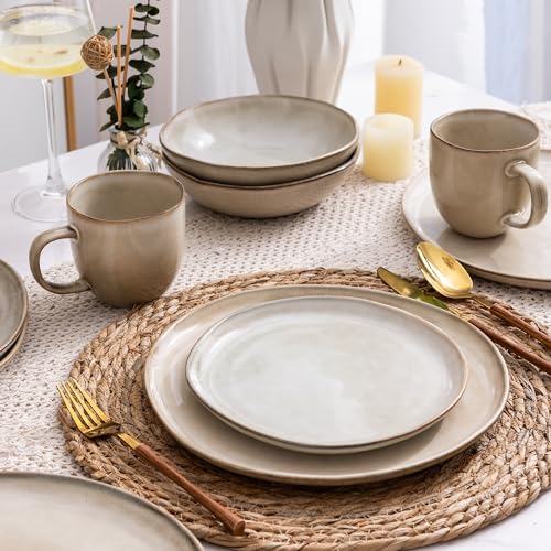 AmorArc Ceramic Dinnerware Set for 4 - 12Pcs Cappuccino Service with Plates & Bowls