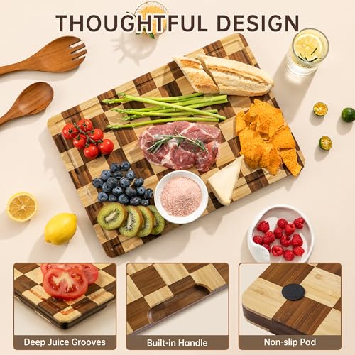 Checkered Bamboo Cutting Board Set - 3 Piece Kitchen Chopping Boards with Holder