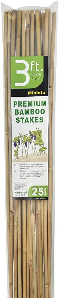 Mininfa Bamboo Garden Stakes - Eco-Friendly 3 Feet Plant Supports for Tomatoes, Trees & Beans | 25 Pack