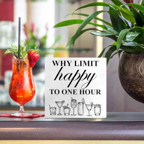 Bar Decor Wooden Box Sign, Home Kitchen Dining Room Drinking Bar Table Decor Cheers Bar Cart Cocktails Decoration, Bar Gifts for Women Men Couples, Limit Happy to One Hour