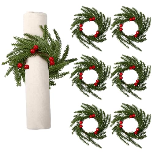 6 Pcs Christmas Napkin Rings Wreath Napkin Holder Red Berry - Gandeer