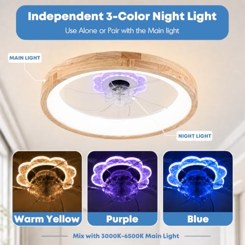 20-Inch Wooden Low Profile Ceiling Fan with Light and Remote - Dimmable & Reversible