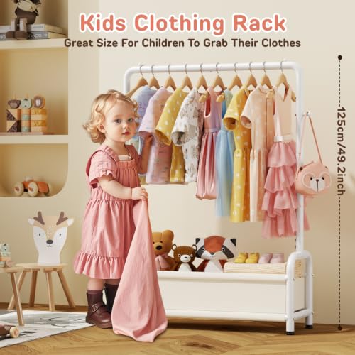 Kids Dress Up Rack - Black Classic Kids Clothing Organizer with Hooks & Storage Basket - 31.5W x 11.8D x 49.2H, Black