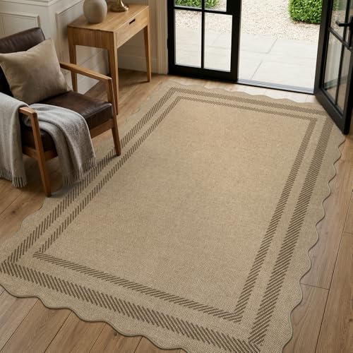 LIVEBOX Scalloped Easy Jute 4x6 Outdoor Rug, Washable Non Slip