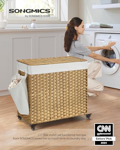 SONGMICS 140L Natural Synthetic Rattan Rolling Laundry Hamper with Lid & 3 Sections