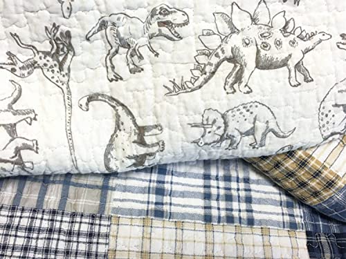 Queen Dinosaur Plaid Cotton Reversible Bedding Quilt Set for Kids Boy - Cozy Line Home Fashions