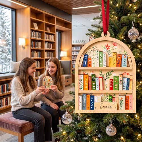 Customizable Bookshelf Christmas Ornament, 4 Inch Wooden Book Lover