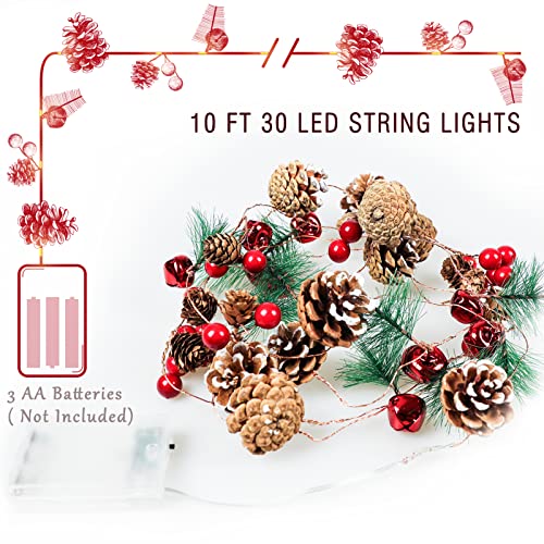 Christmas Garland with Lights, 10 Feet, 30 LED Lights, Pinecones, Red Berries, and Bells Decorations, Christmas Indoor Decorations for Home and Mantelpiece Door Frame Decorations