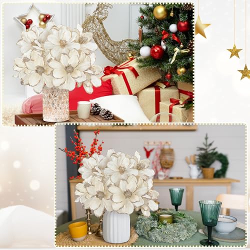 XunYee White Christmas Glitter Magnolia Flowers 6'' - 10 Pcs Holiday Decor