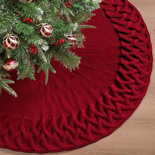 TOCHGREEN Red Knitted Christmas Tree Skirt 36 Inches Chunky Cable Knit Rustic Holiday Decor