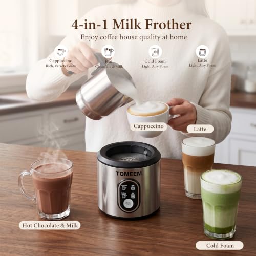 TOMEEM 4-in-1 Electric Milk Frother & Steamer Silver+Blue Mat