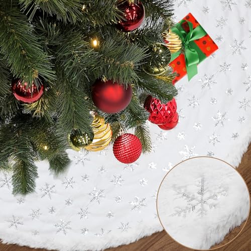 Mosro 72 Inch Large Faux Fur Christmas Tree Skirt with Silver Sequin Snowflake, White Holiday Decor
