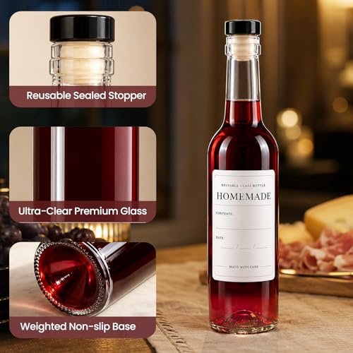12 Pack 375ml Clear Glass Wine Bottles with T-Top Corks - Home Brewing & Storage