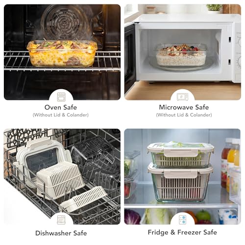 Beige Glass Produce Storage Containers with Removable Colanders and Silicone Lids - 2-Set