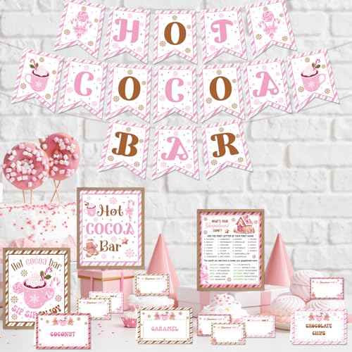 Hot Chocolate Bar Decor - 39 Pcs Pink Cocoa Gingerbread Man Banner Signs Toppings Tent Cards Name Game Labels Decorations Kit Party Supplies for Winter Christmas Holiday Birthday New Year