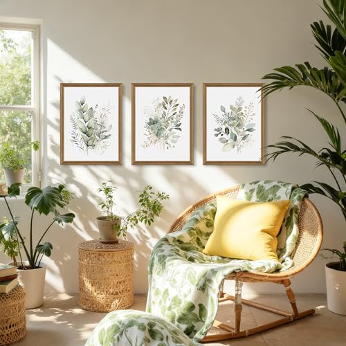 Sage Green Botanical Wall Art Set of 3 - Framed Watercolor Eucalyptus Canvas Prints - 16x12 Inches
