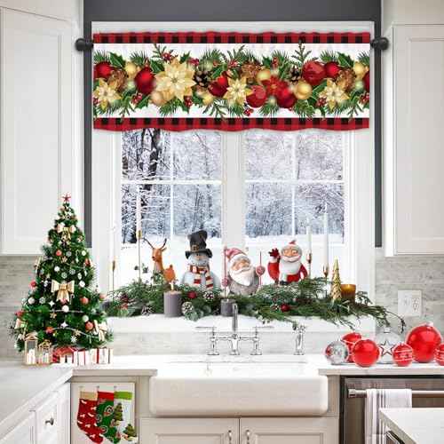 Christmas Valances for Windows, Rod Pocket Floral Patterns Winter Christmas Valance Curtains, Xmas Valance Curtains for Living Room, Bedroom, 54x18 Inch
