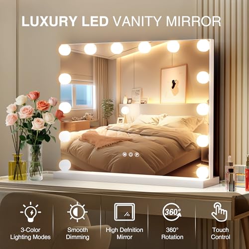 Vanity Makeup Mirror with Lights - 3 Color Modes, Dimmable LED, 10X Magnification, White, 15.7"L x 20.5"W