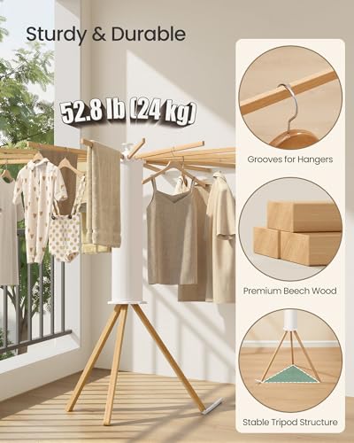 SONGMICS Foldable Clothes Drying Rack with 16 Beech Wood Arms - Rotary Tripod, Space-Saving